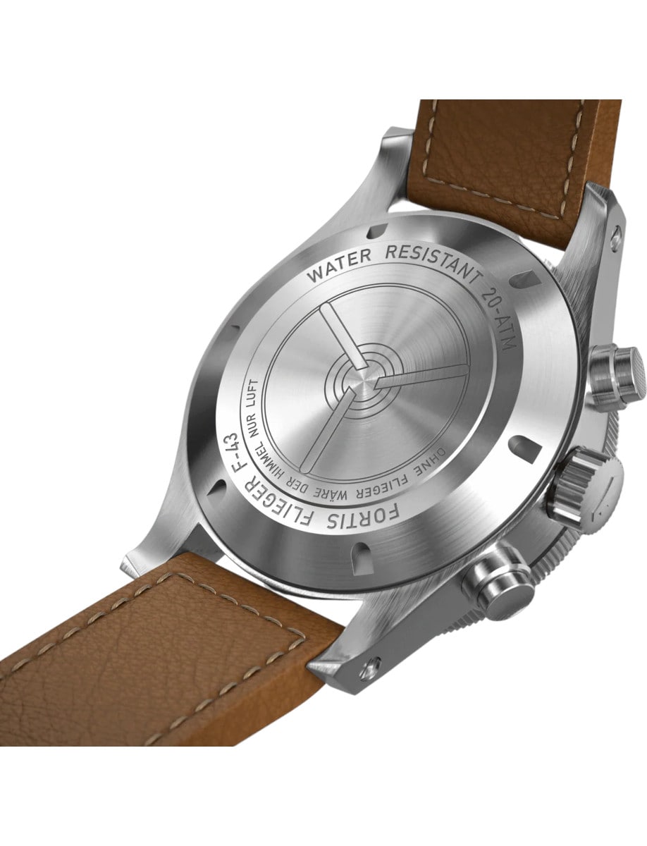 Back view of Fortis wristwatch with recycled stainless steel case and cowhide leather strap