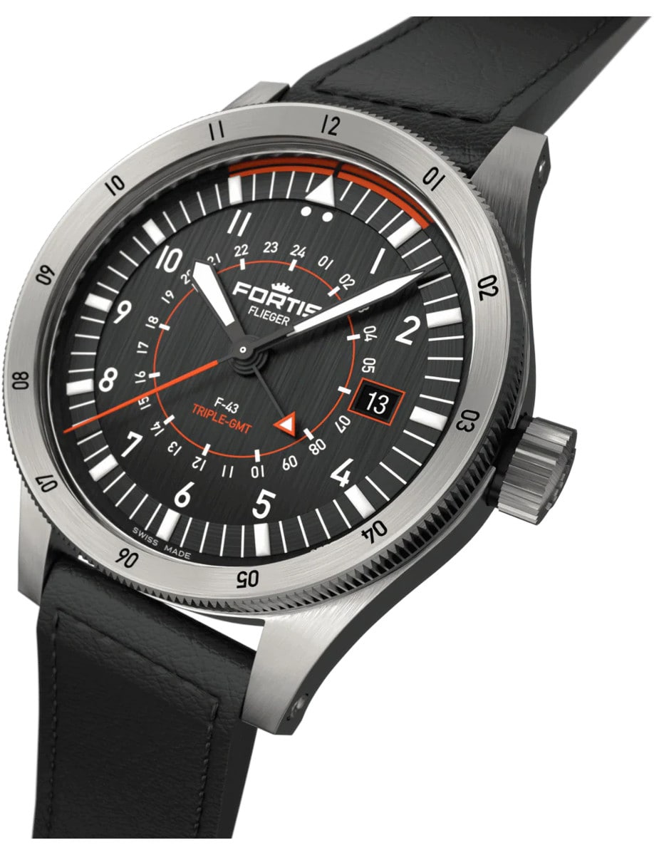 Side view of Fortis with titanium case, vertically brushed black dial and cowhide leather strap