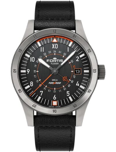 A wristwatch with a titanium case, a cowhide leather strap, and a vertically brushed black dial.