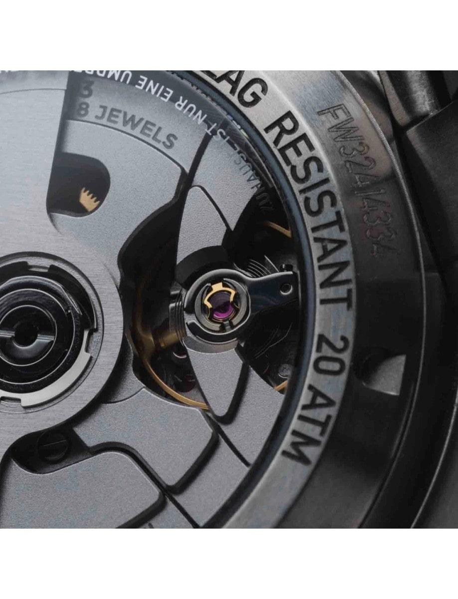 Back view of Fortis wristwatch with titanium grade 5 case and smoked sapphire crystal case back