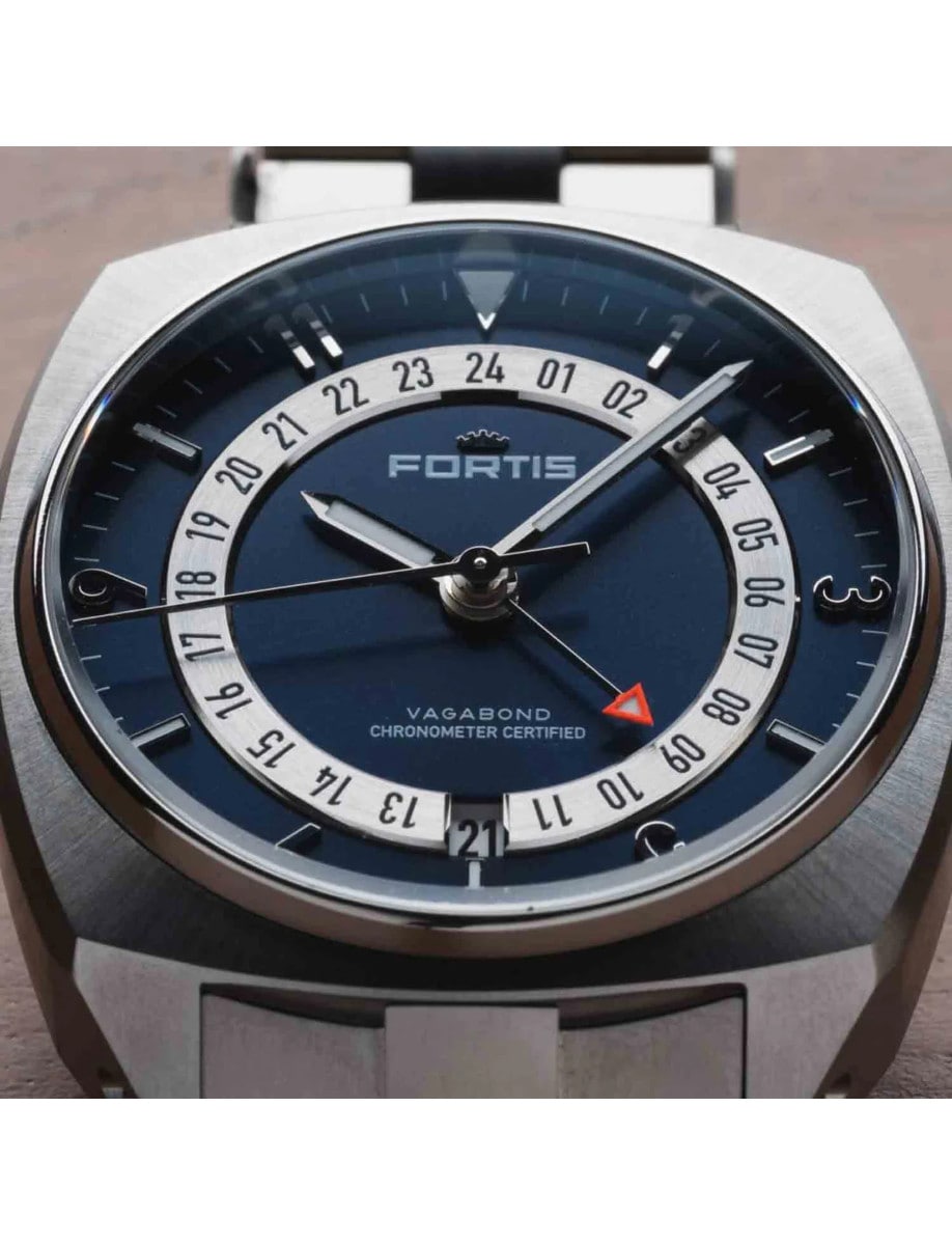 Close view of Fortis writstwatch with blue dial