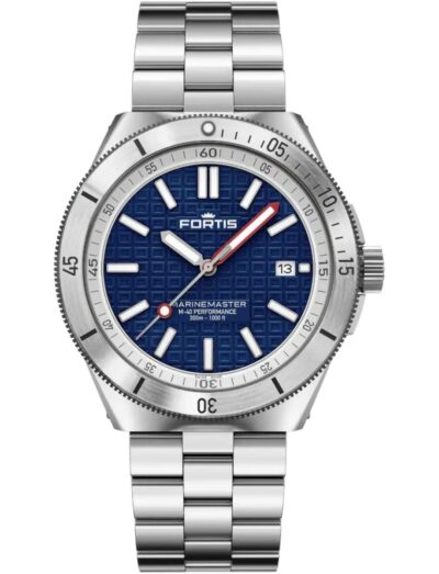 Fortis wristwatch with recycled stainless steel case and bracelet, and a blue dial with Fortis O-pattern with applied Super-LumiNova®X1 markers
