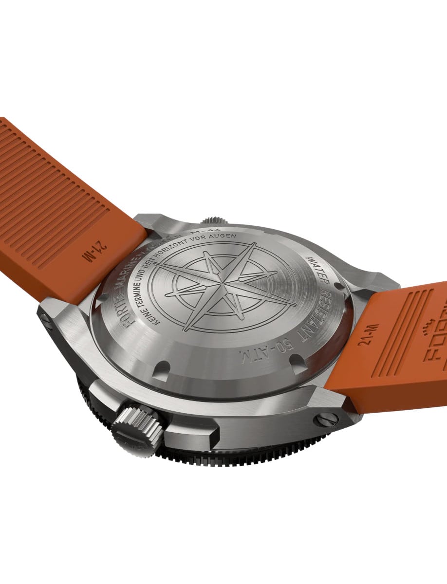 Back view of Fortis wristwatch with recycled stainless steel case and rubber strap