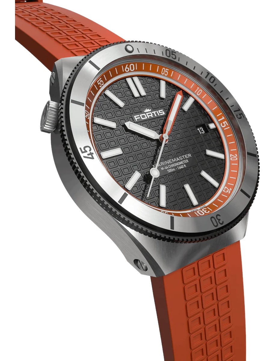 Side view of Fortis wristwatch with recycled stainless steel, black dial and rubber strap