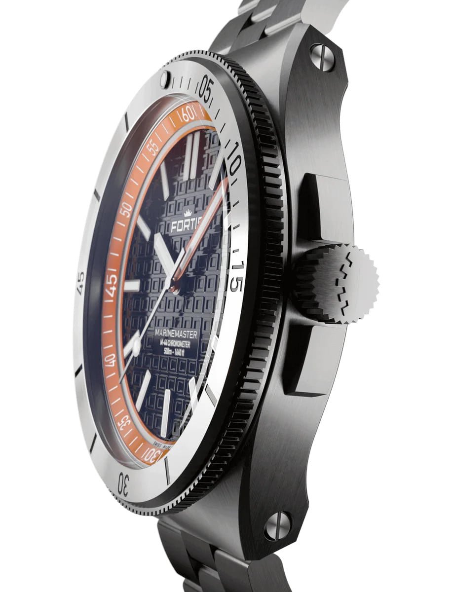 Side view of Fortis wristwatch with recycled stainless steel case and bracelet