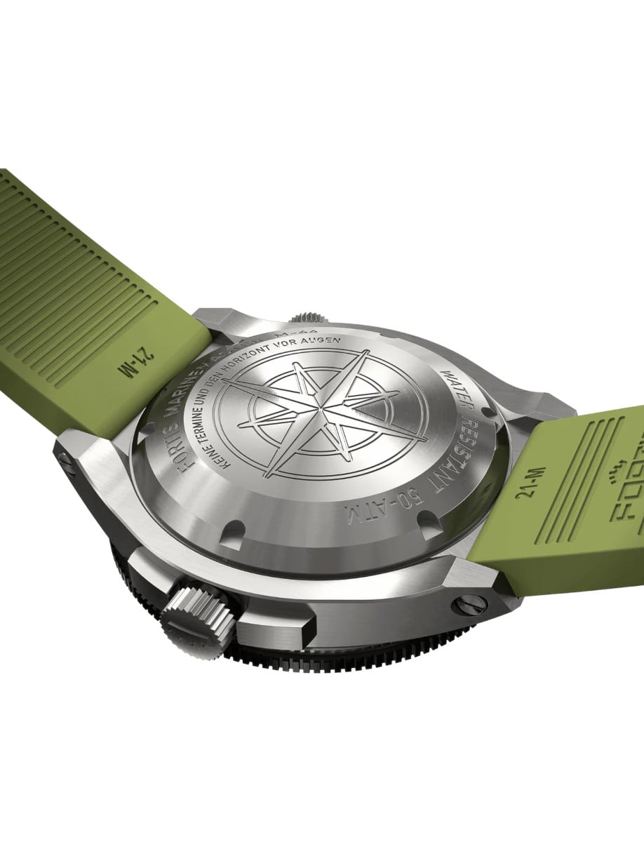 Back view of Fortis wristwatch with recycled stainless steel case and rubber strap