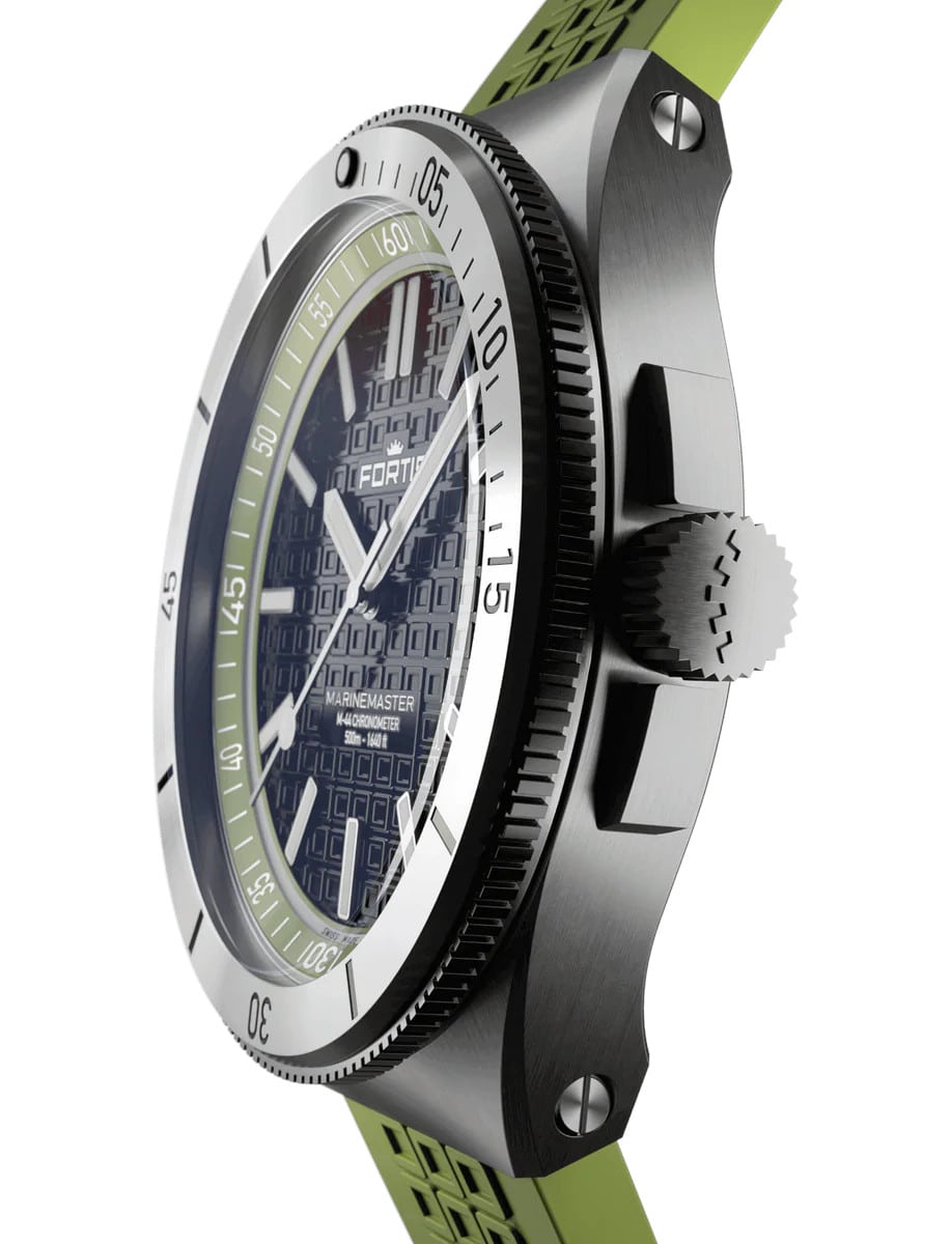 Side view of Fortis wristwatch with recycled stainless steel, bidirectional gear bezel and rubber strap