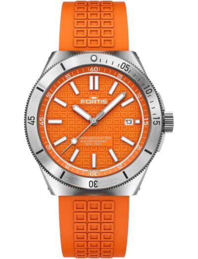 Fortis wristwatch with recycled stainless steel, rubber strap and orange dial