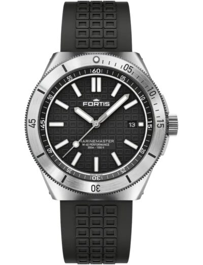 Fortis wristwatch with recycled stainless steel, black dial and rubber strap