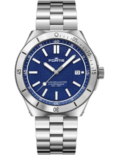 Fortis wristwatch with recycled stainless steel case and bracelet and blue dial