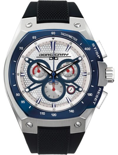 Jorg Gray wristwatch with stainless steel case, blue and white dial, and black silicone strap.