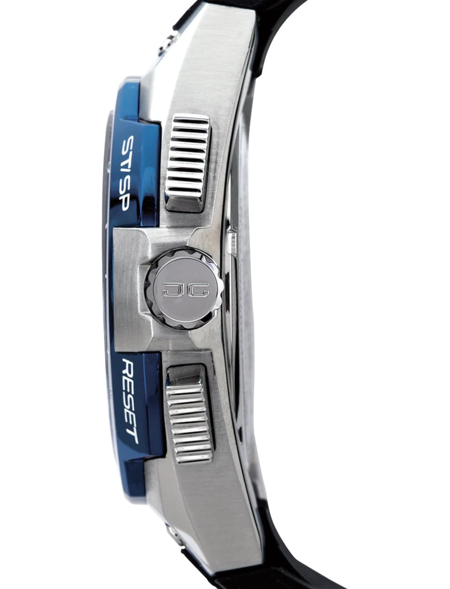 Side view of Jorg Gray wristwatch with stainless steel case, and black silicone strap.