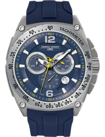 Jorg Gray wristwatch with stainless steel case, blue dial, and blue silicone strap.