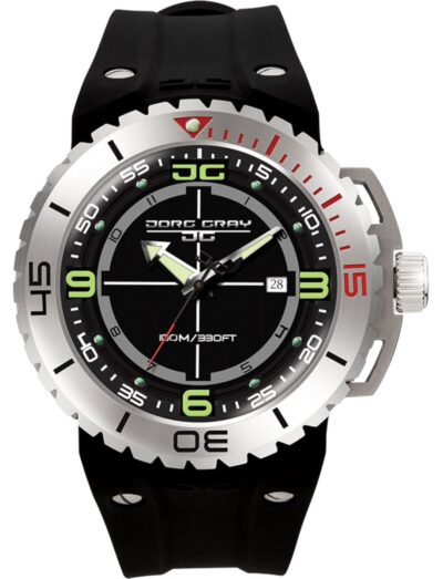 Jorg Gray wristwatch with stainless steel case, black and green dial, and black silicone rubber strap.