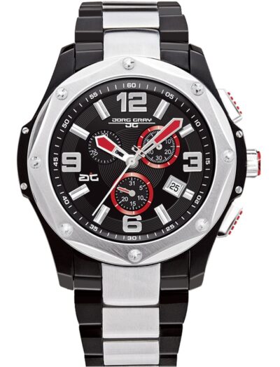 Jorg Gray wristwatch with stainless steel case and bracelet, and black dial.