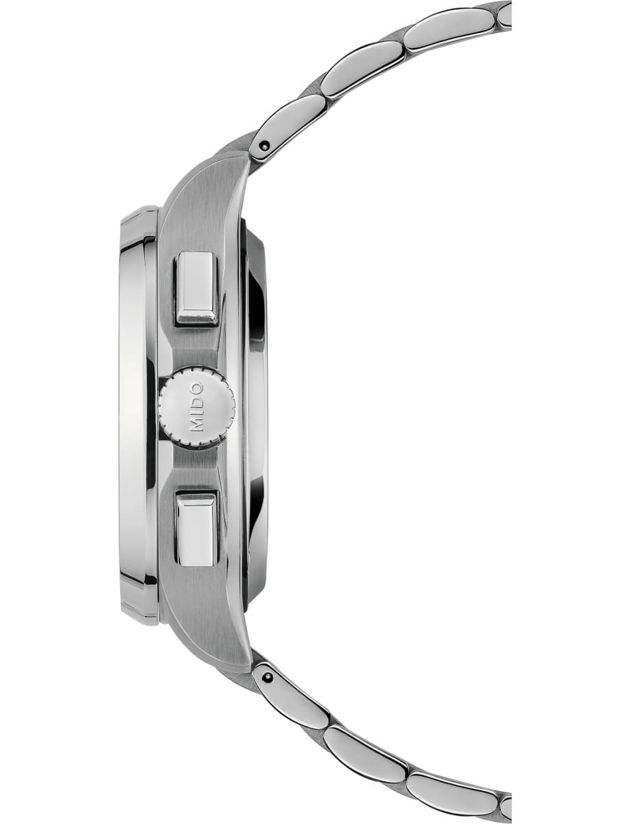 Side view of a stainless steel wristwatch with bracelet, showing the crown and buttons on the side.