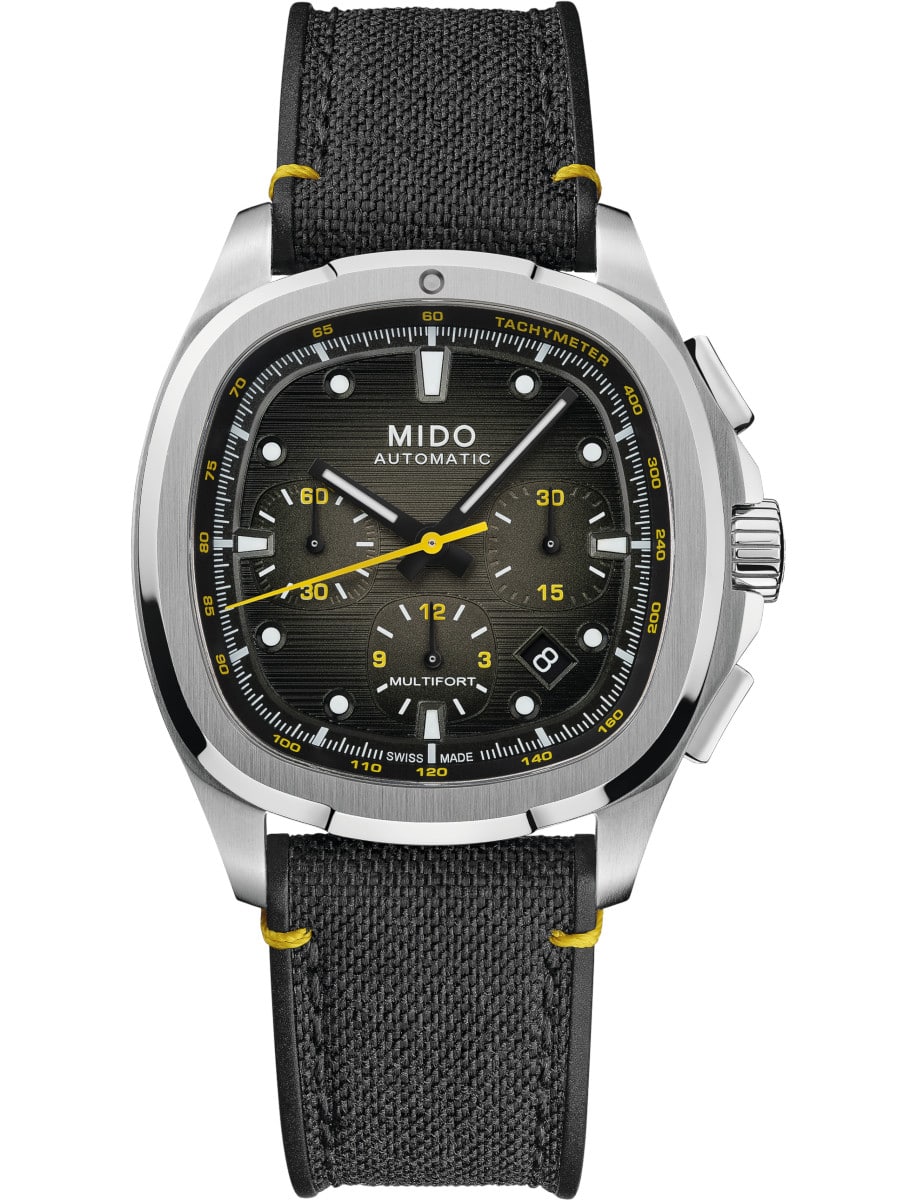 A wristwatch with a stainless steel case, black textile strap, and a black dial.