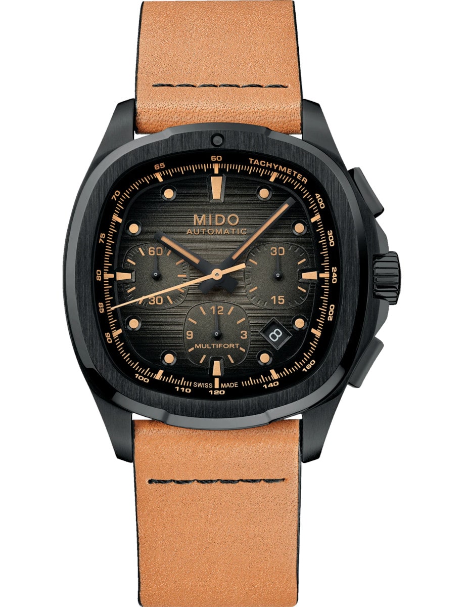 A wristwatch with a stainless steel case with black PVD coating, yellow strap, and a grey dial.