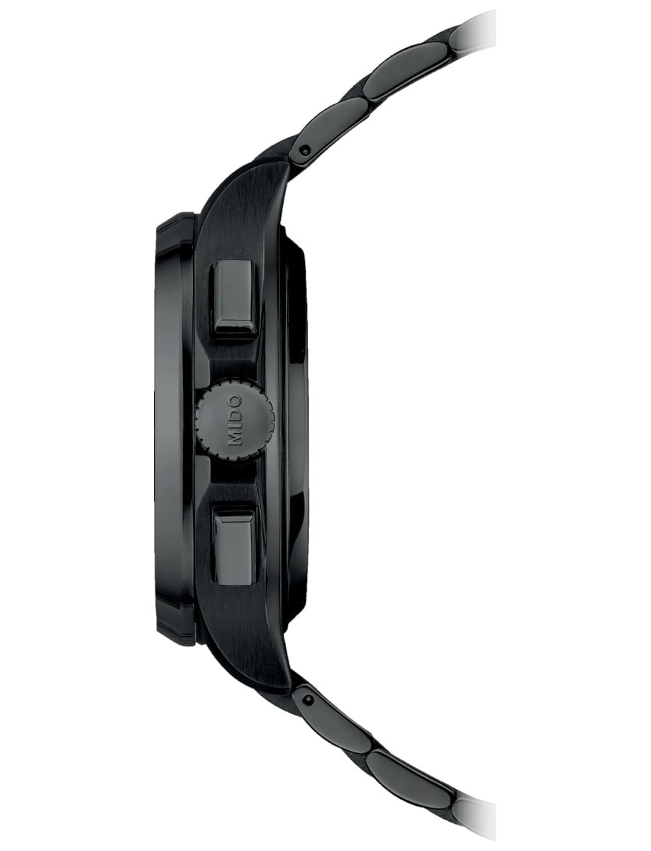 Side view of a stainless steel wristwatch with black PVD coated case and bracelet, showing the crown and buttons on the side.