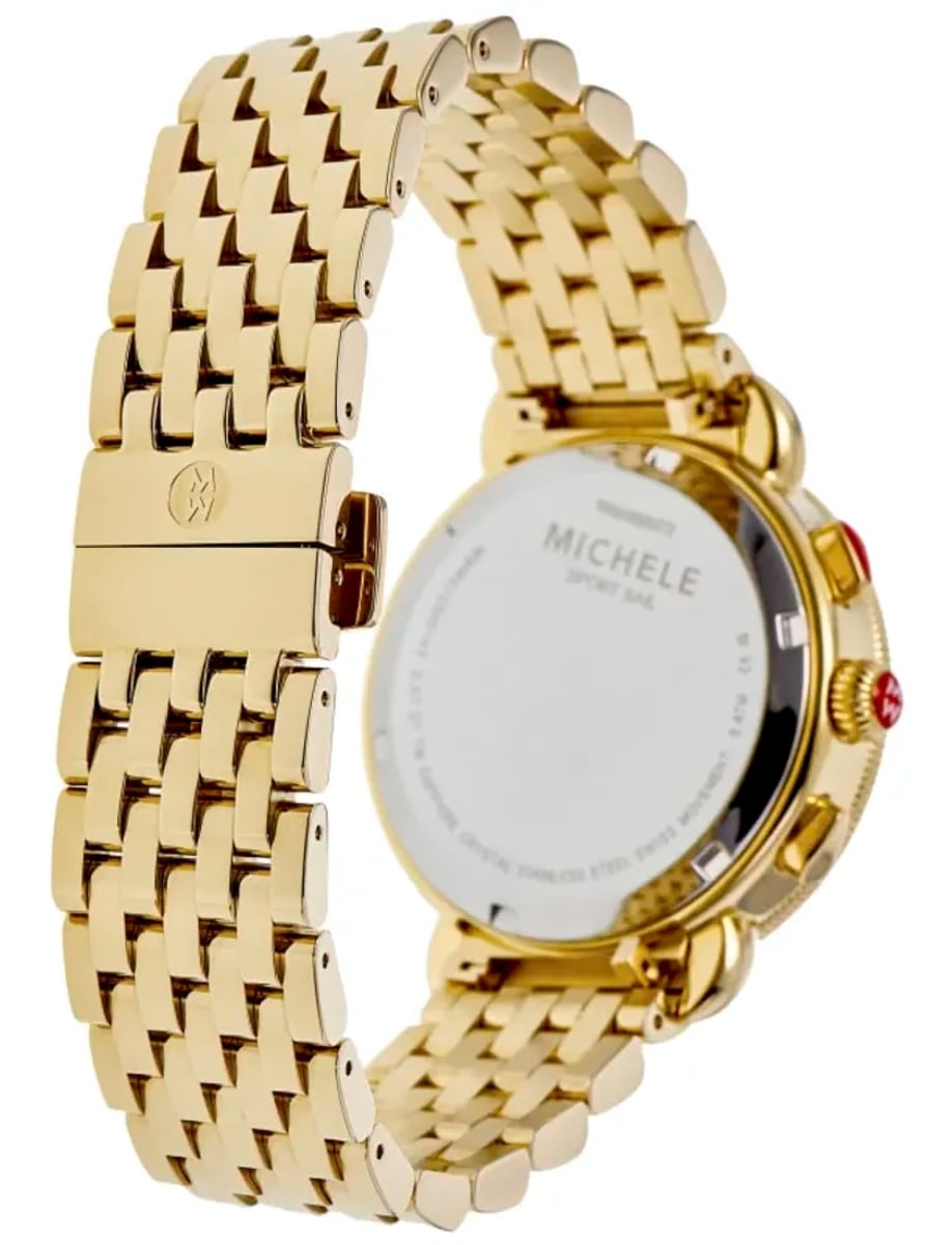 Back view of Michele wristwatch with stainless steel case and bracelet