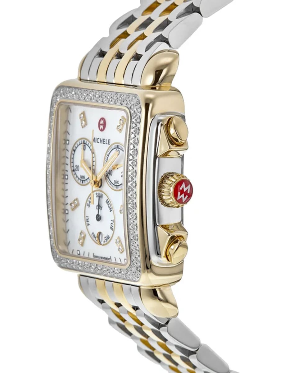 Side view of Michele wristwatch with yellow gold stainless steel case and bracelet and mother of pearl dial