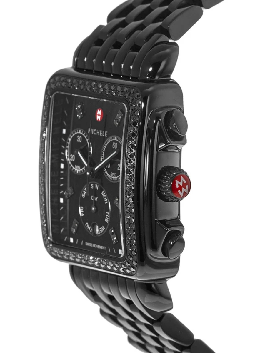 Side view of Michele wristwatch with stainless steel case and bracelet and black dial