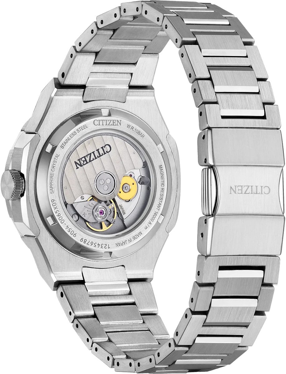 Back view of Citizen wristwatch with stainless steel case and bracelet.