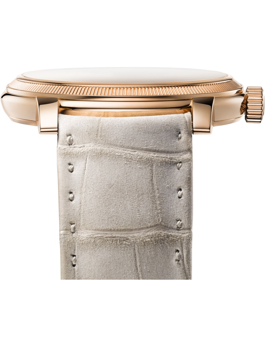 Side view of Parmigiani wristwatch with 18ct rose gold stainless steel with alligator leather