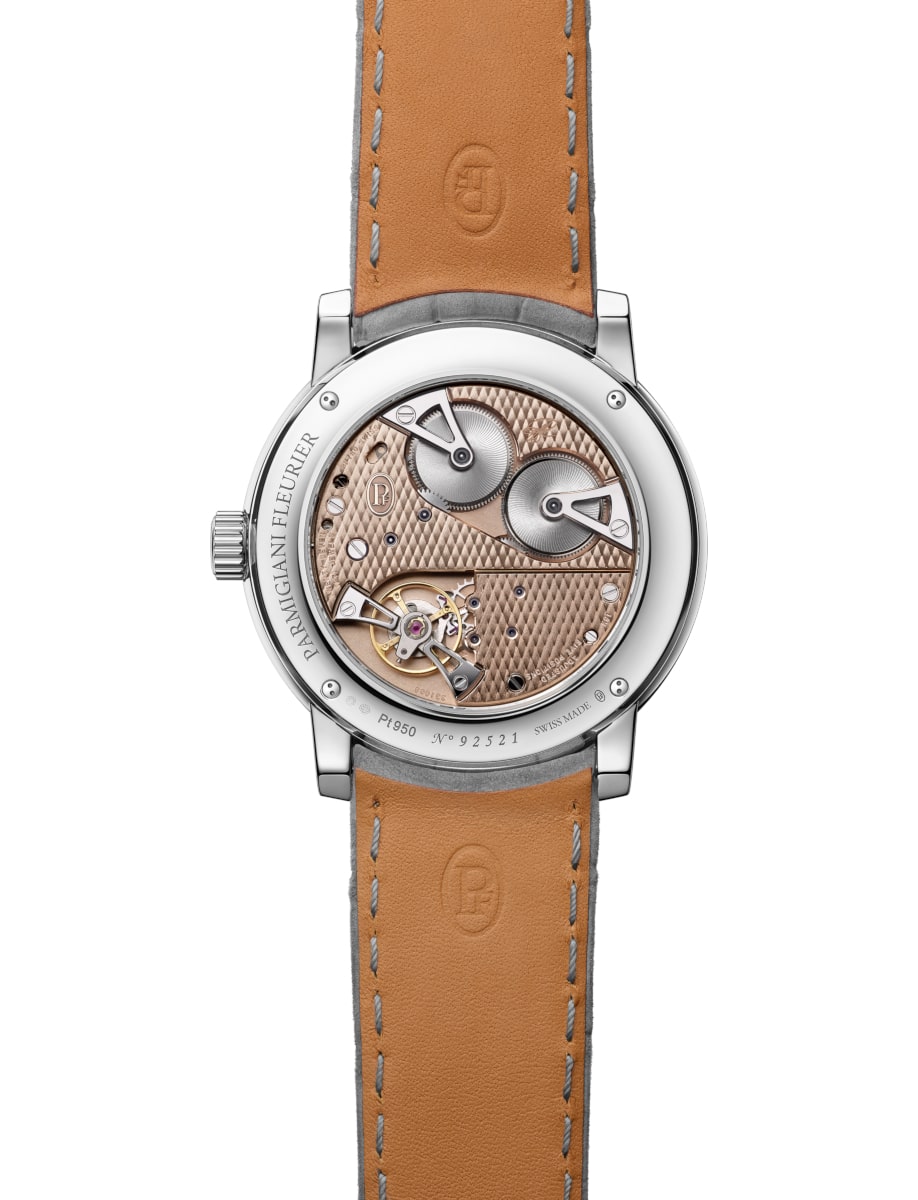 Back view of Parmigiani wristwatch with platinum case and nubuck alligator leather strap