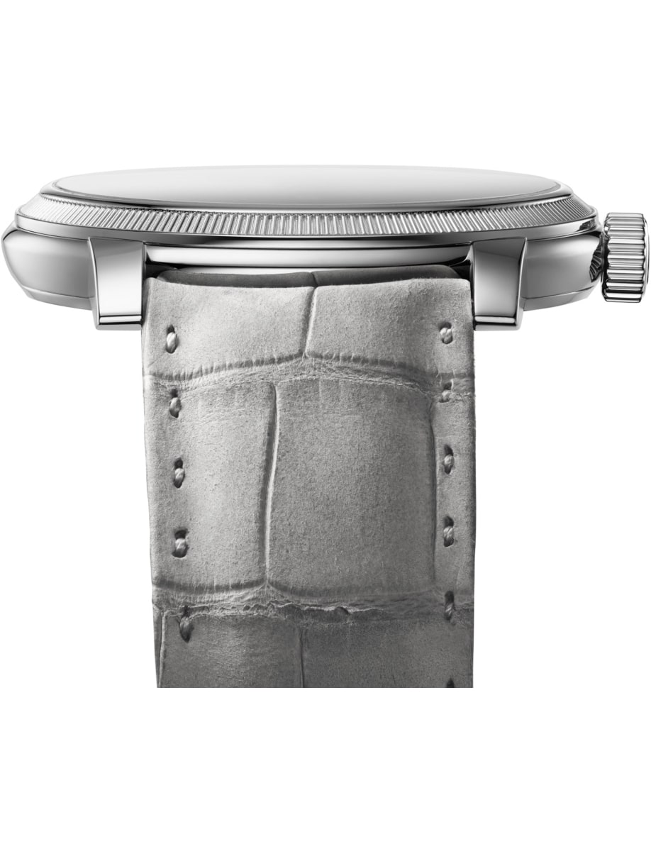 Side view of Parmigiani wristwatch with platinum case and nubuck alligator leather strap