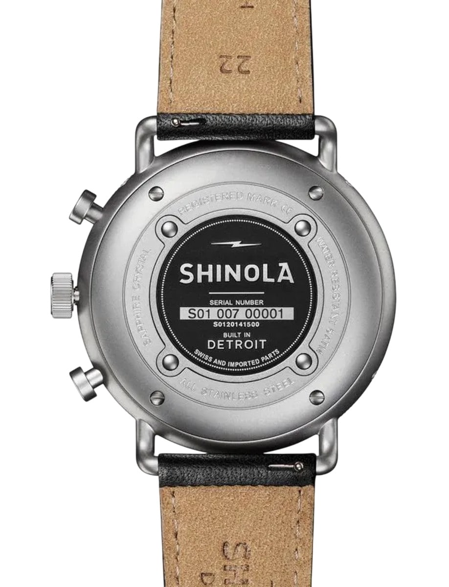 Back view of Shinila wristwatch with stainless steel case and premium leather strap