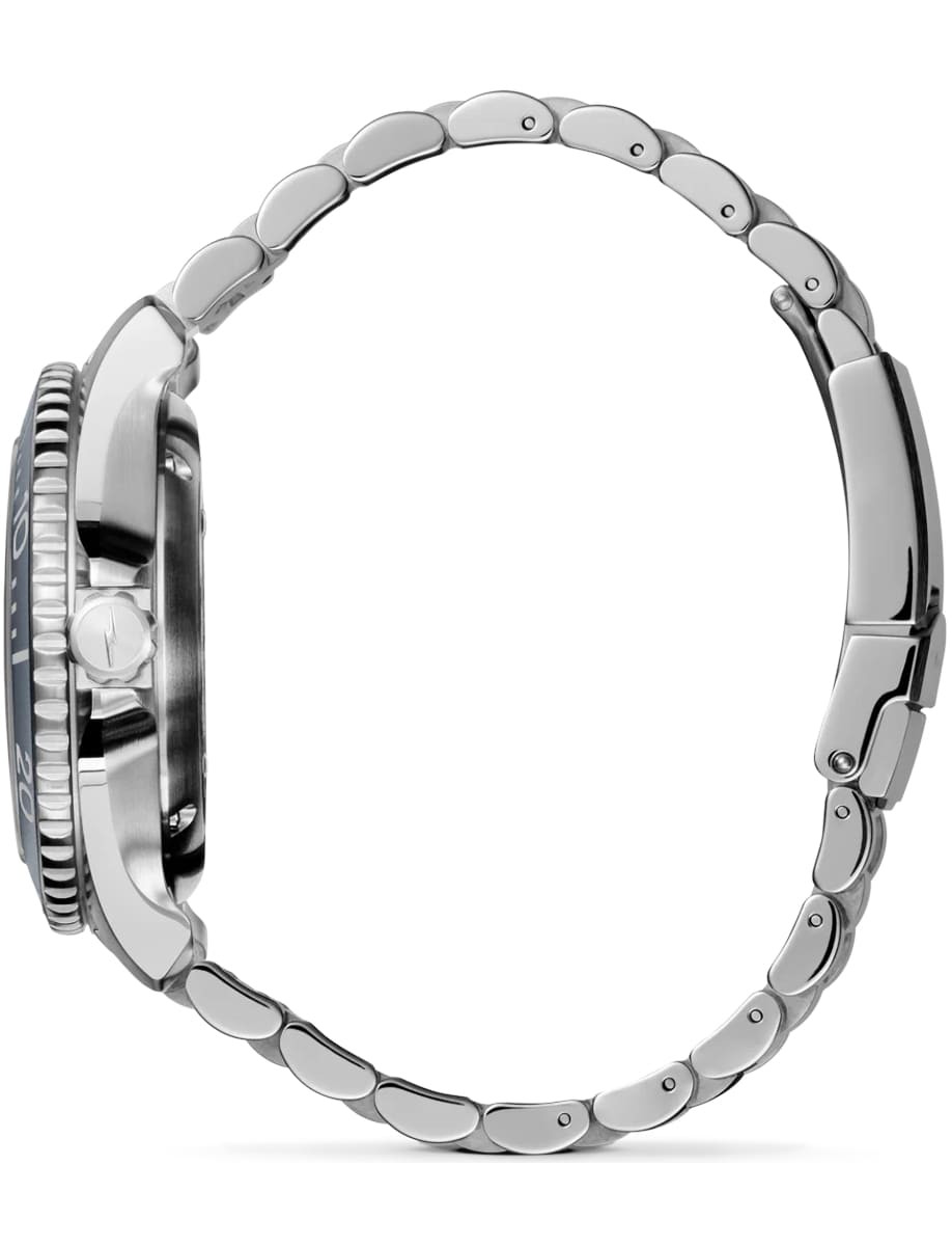 Side view of Back view of Shinola wristwatch with stainless steel case and bracelet and red dial