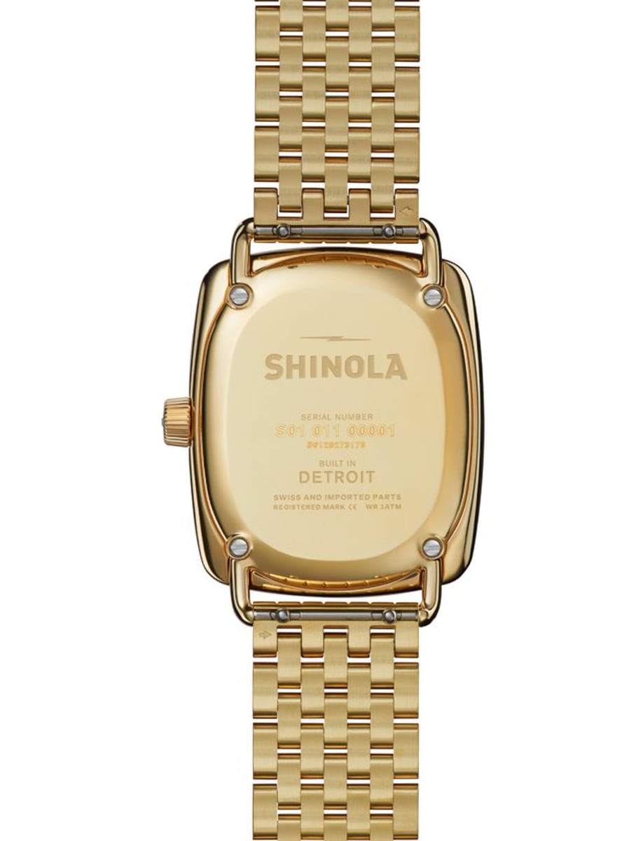 Back view of Shinola wristwatch with stainless steel case and bracelet
