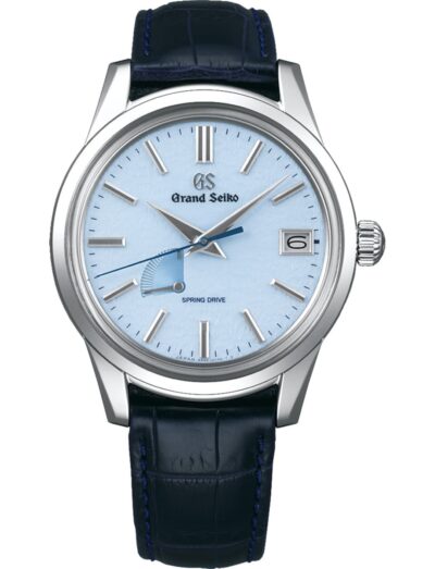 Grand Seiko wristwatch with stainless steel case, blue dial, and Crocodile leather strap.