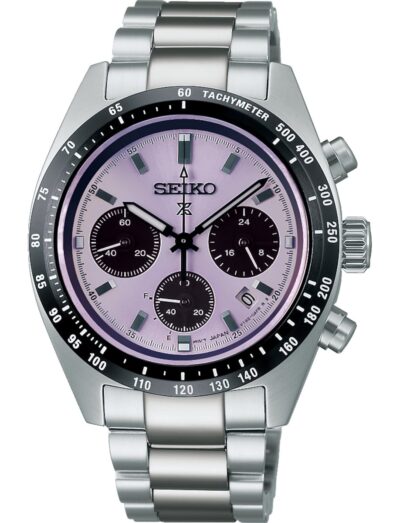 Seiko wristwatch with stainless steel case and bracelet, and purple dial.
