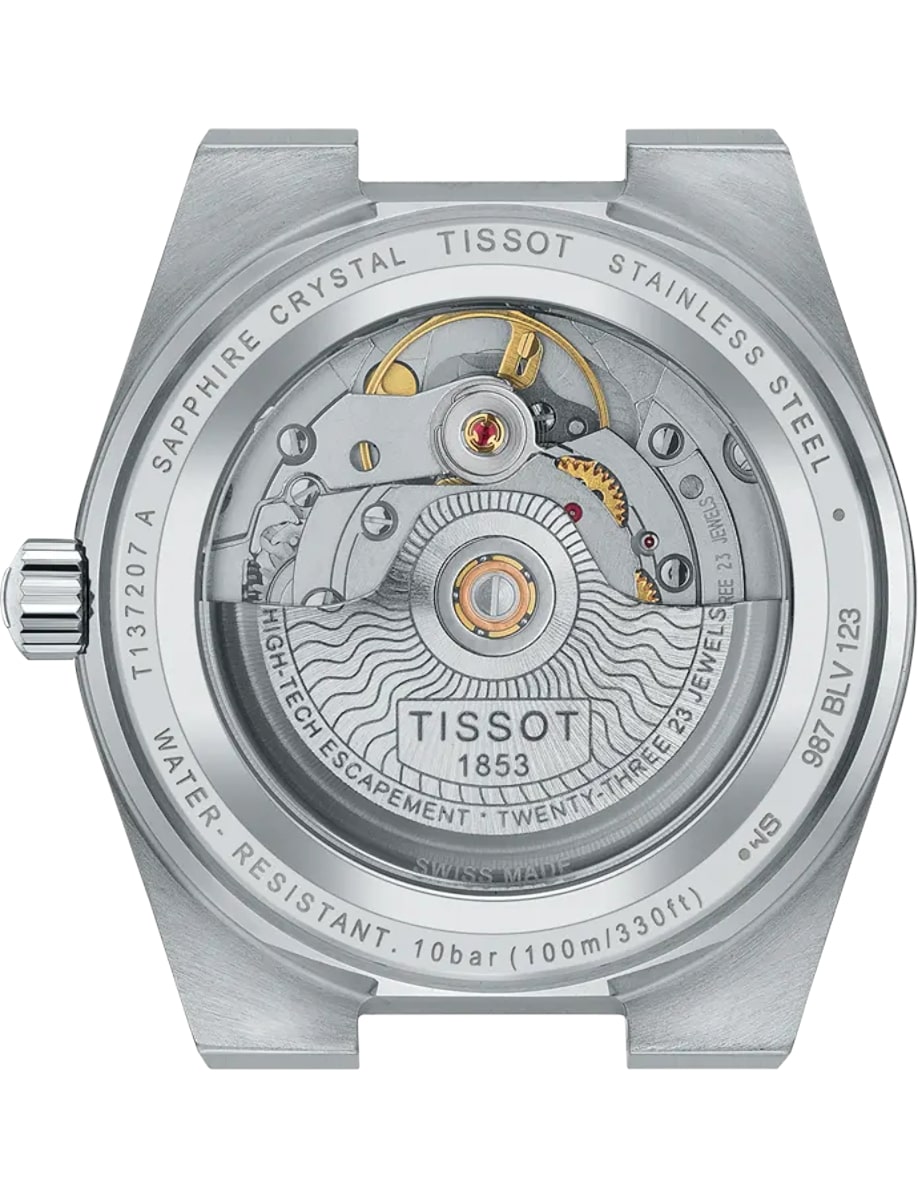 Back view of Tissot wristwatch with stainless steel and transparent case back
