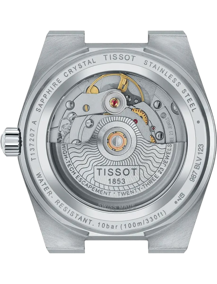 Back view of Tissot wristwatch with stainless steel case and transparent back