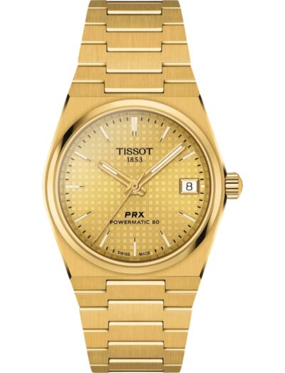 Tissot wristwatch with yellow gold pvd stainless steel case and bracelet and champagne dial