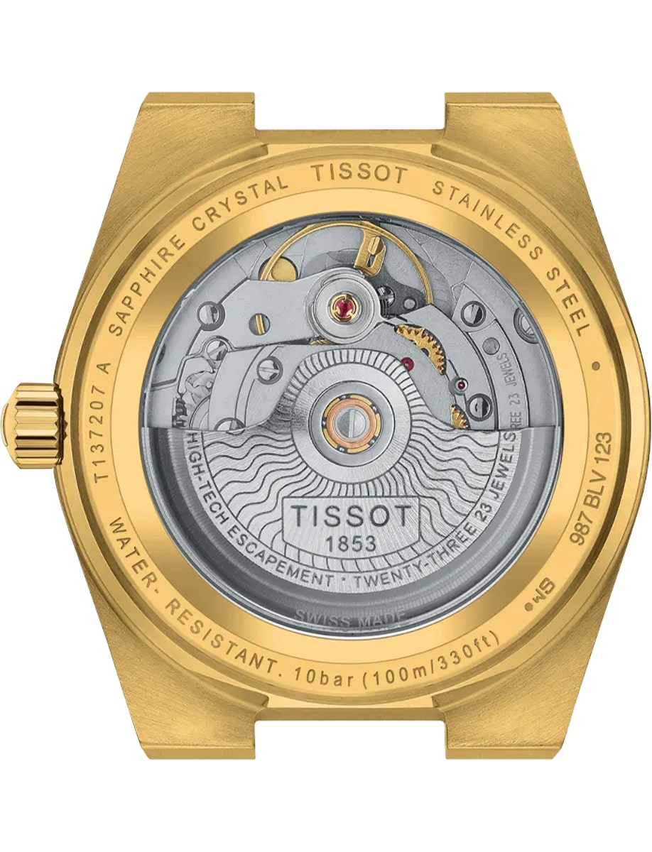 Back view of Tissot wristwatch with yellow gold PVD stainless steel and transparent case back