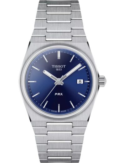 Tissot wristwatch with stainless steel case and back and blue dial