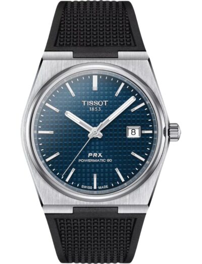 Tissot wristwatch with stainless steel case, blue dial and synthetic strap