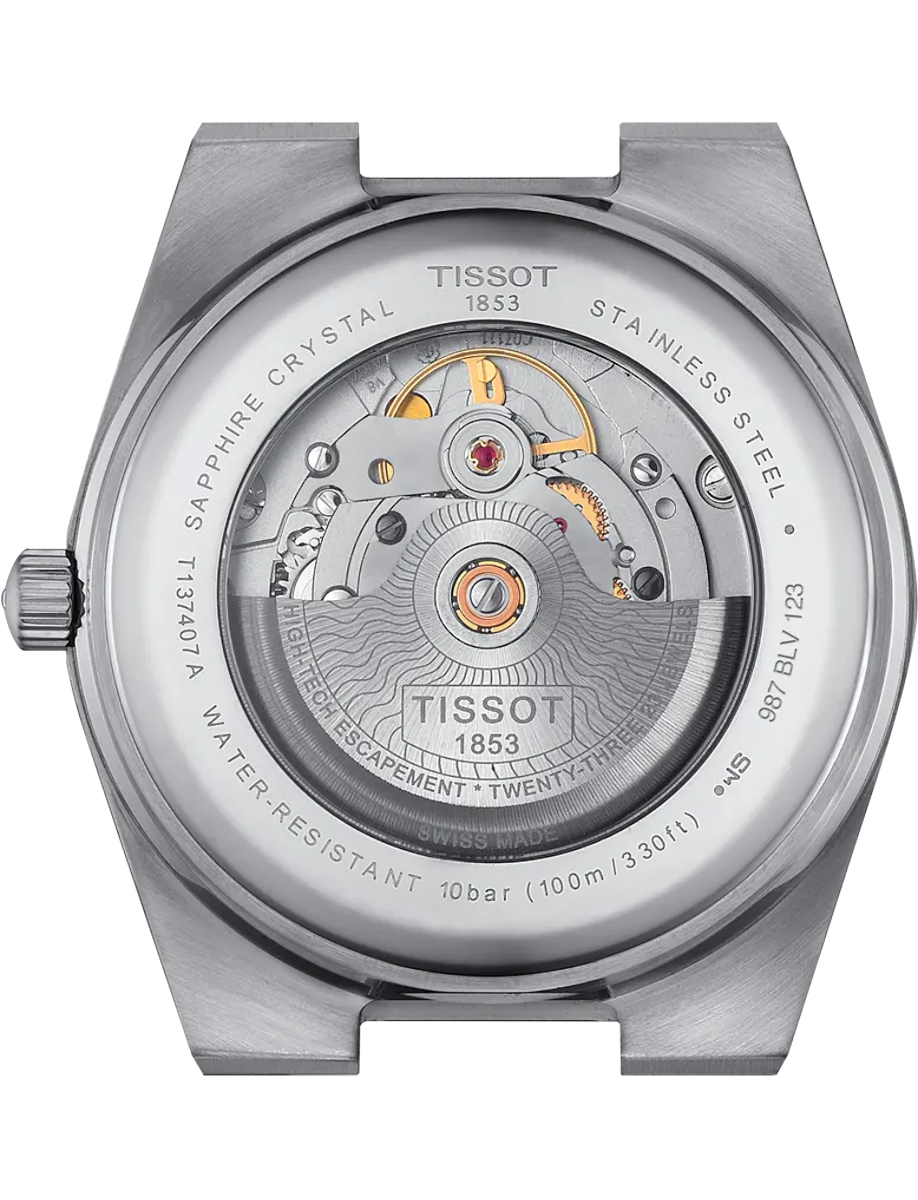 Back view of Tissot wristwatch with stainless steel and transparent case back