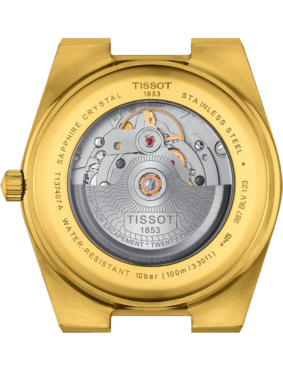 Back view of Tissot wristwatch with yellow gold stainless steel and transparent case