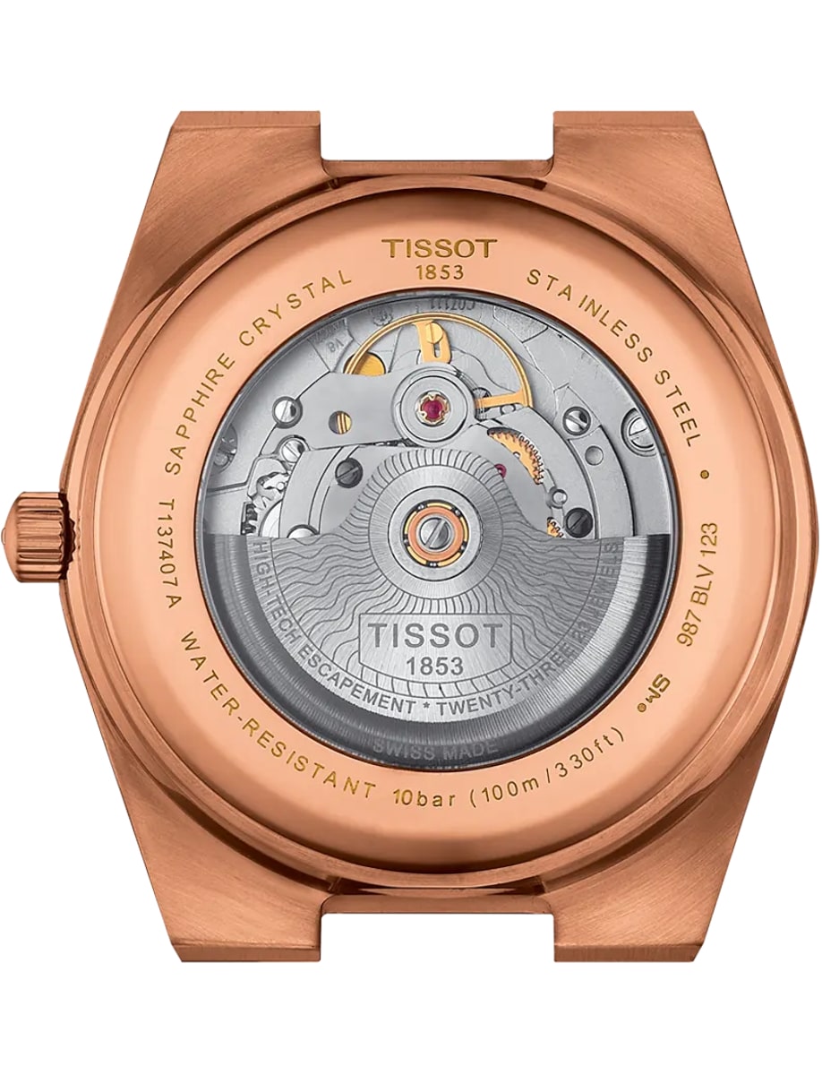 Back view of Tissot wristwatch with stainless steel and transparent case