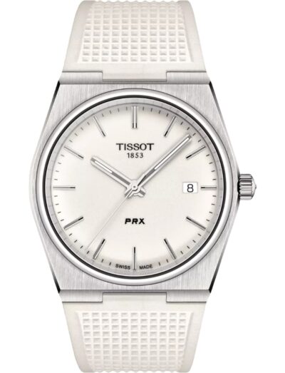 Tissot wristwatch with stainless steel case, white dial and synthetic strap