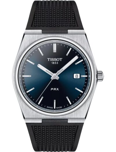 Tissot wristwatch with stainless steel case, blue dial and synthetic strap