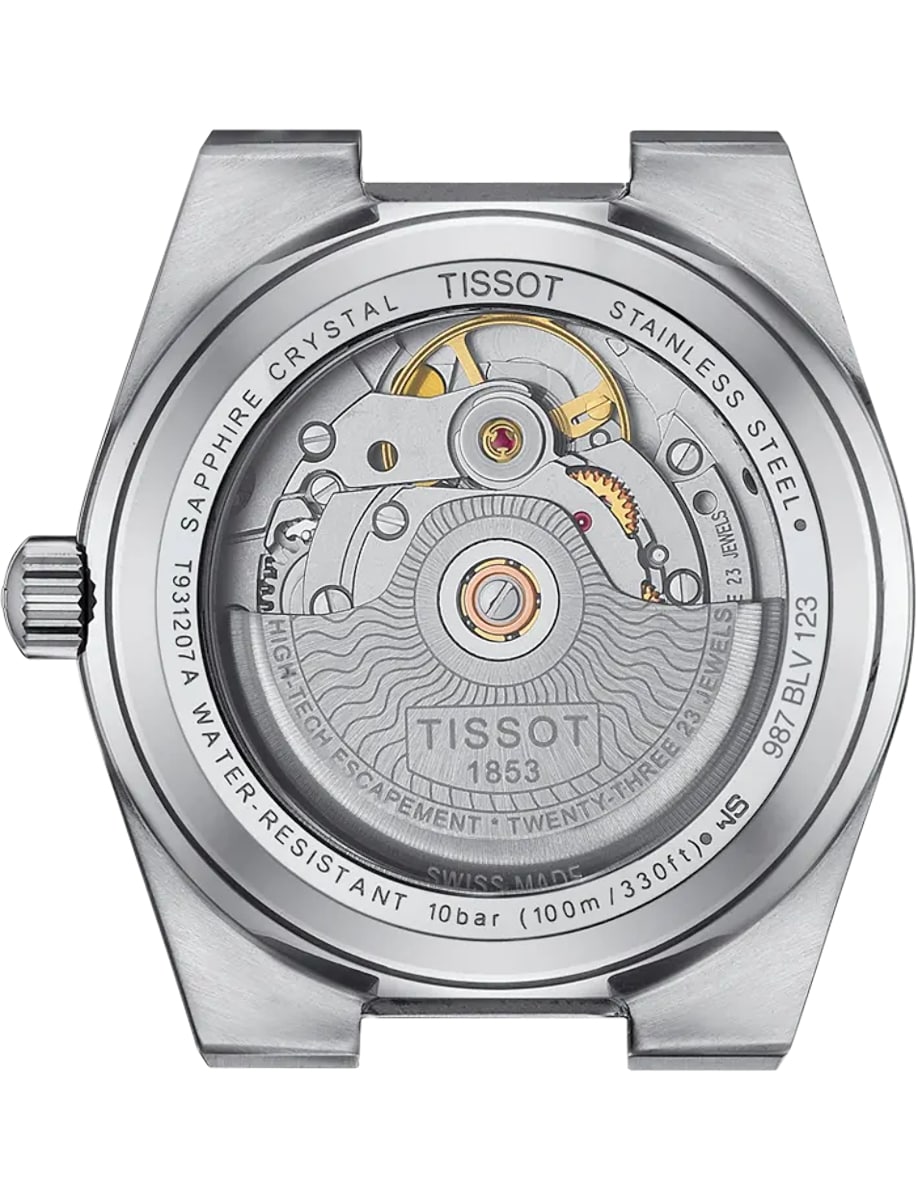 Back view of Tissot wristwatch with stainless steel and transparent case back