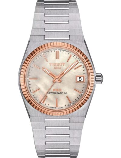 Tissot wristwatch with stainless steel case and bracelet and white mother of pearl dial