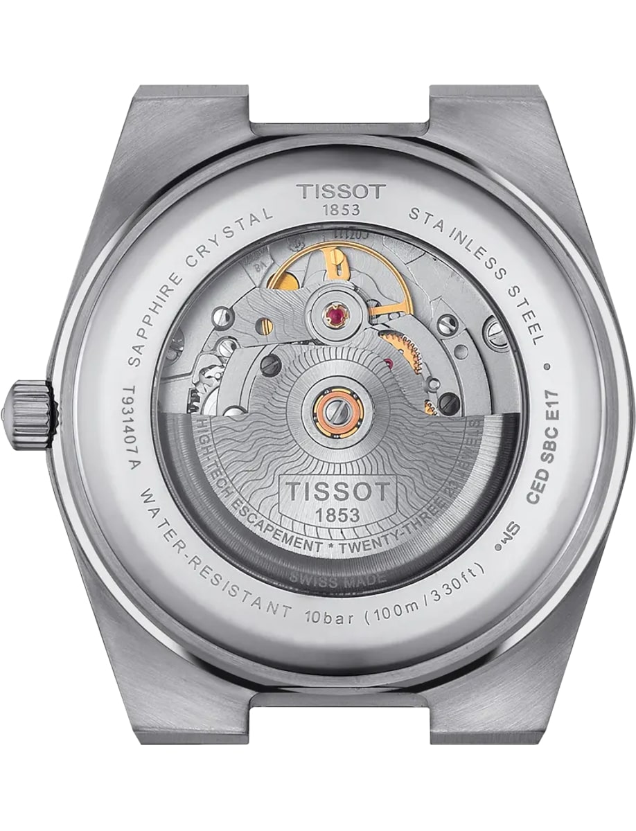 Back view of Tissot wristwatch with stainless steel and transparent case back