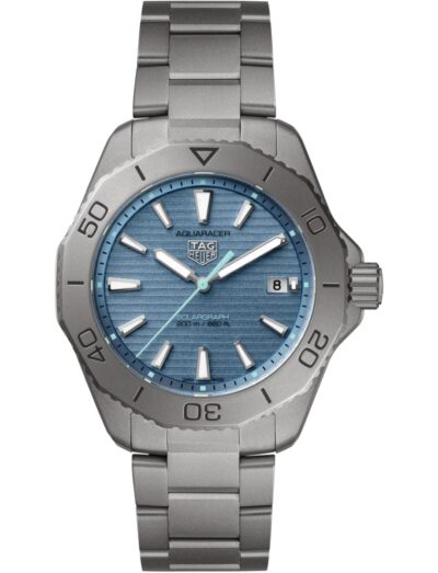 Tag Heuer wristwatch with titanium case and bracelet, and a blue dial.